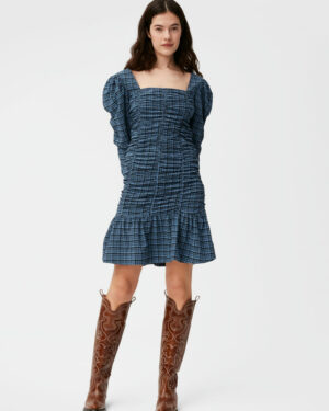 Stretch Seersucker Gathered Mini Dress - Ganni