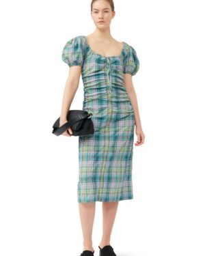 Seersucker Check Gathered U-neck Midi Dress Lagoon