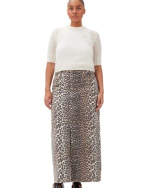 Print Denim Maxi Slit Skirt Leopard