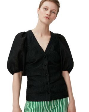 Jacquard Organza Gathered V-neck Blouse Black
